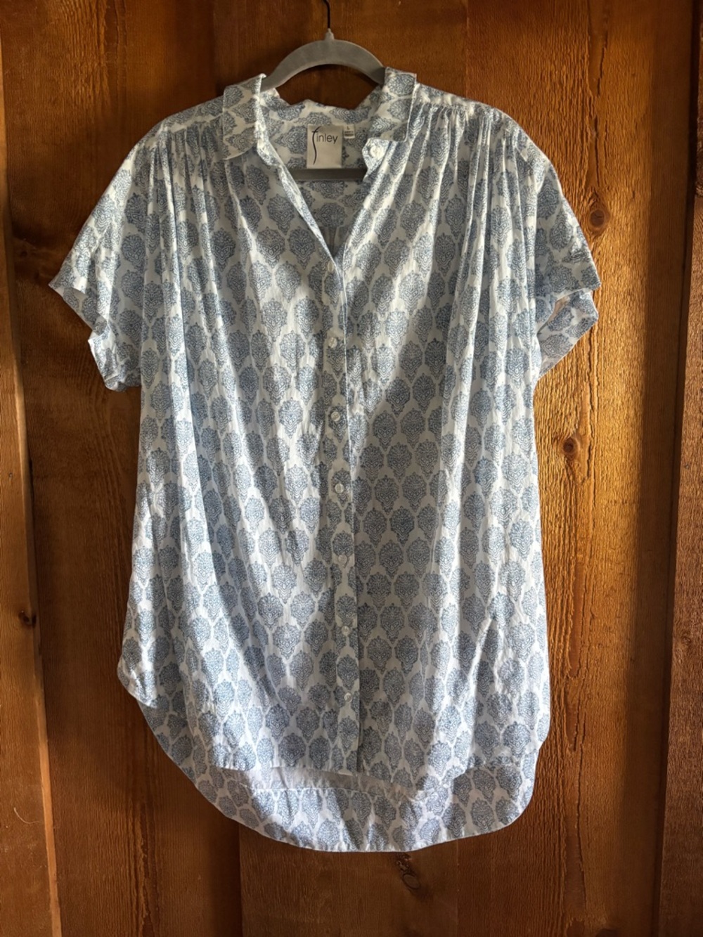 Finley Blue White Paisley Damask Print Cotton Button Down Tunic Shirt Top L USA